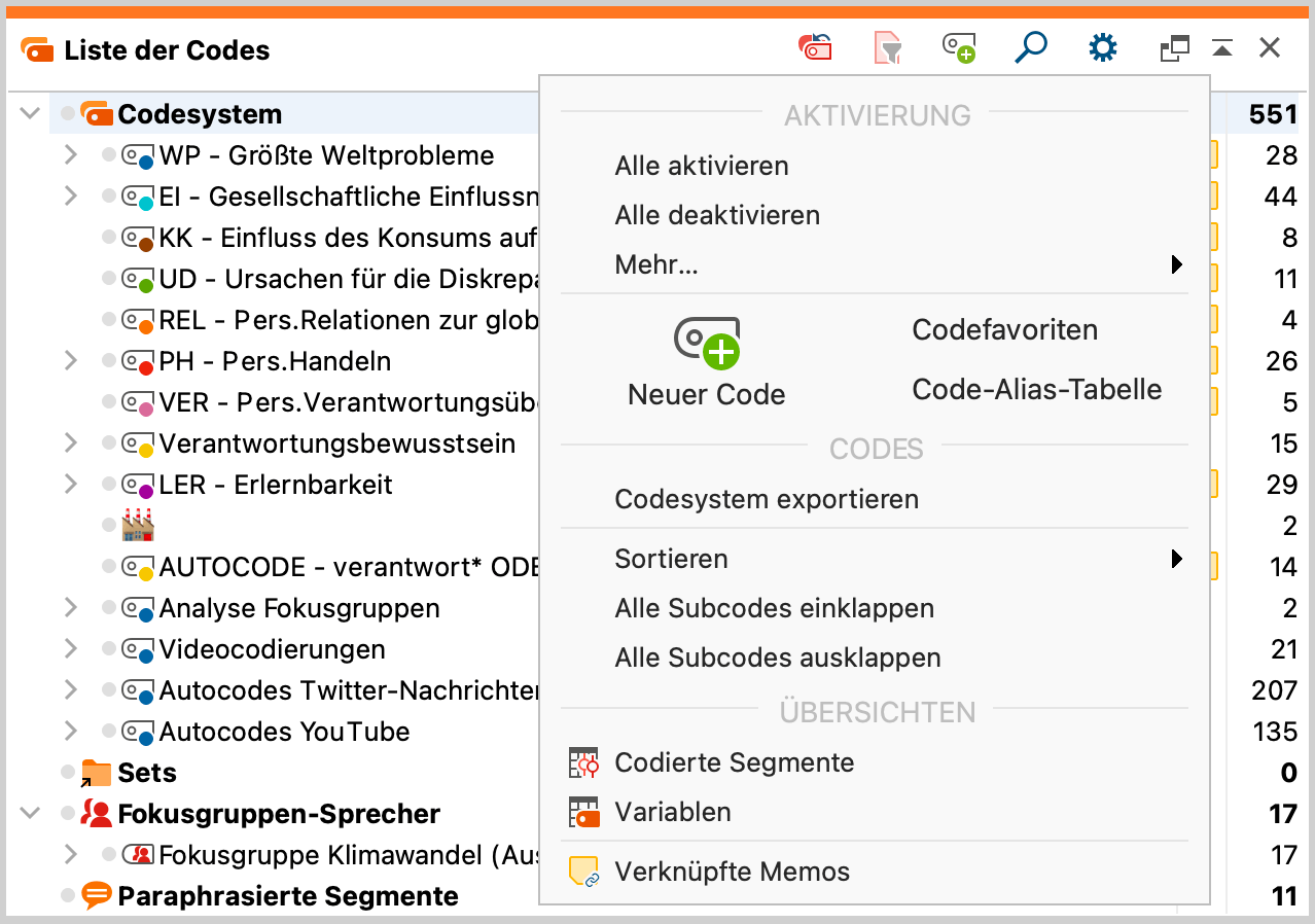 Kontextmenü für die oberste Menü des Codesystems Kontextmenü für die oberste Ebene des Codesystems