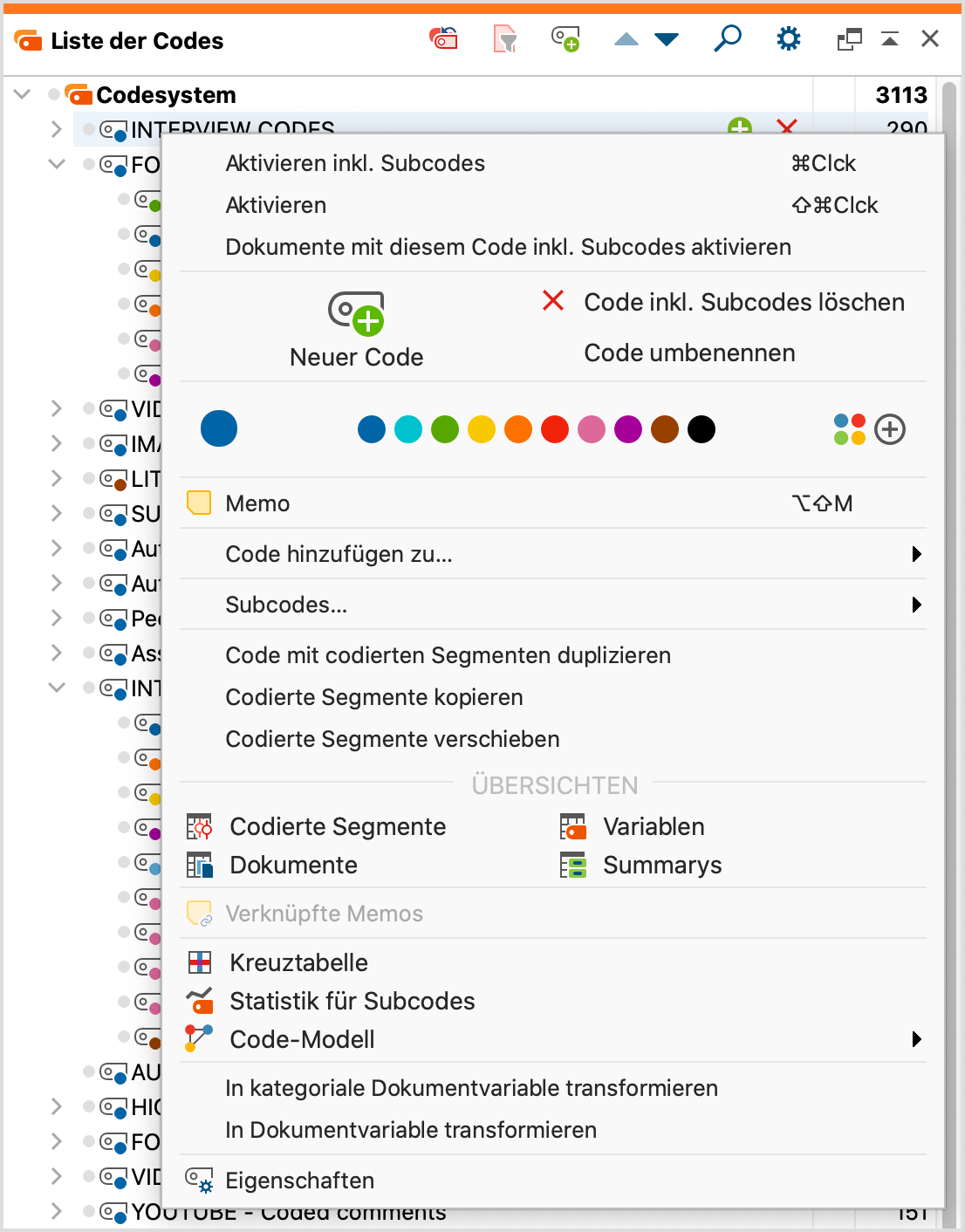 Kontextmenü auf der Ebene der Codes Kontextmenü auf der Ebene der Codes
