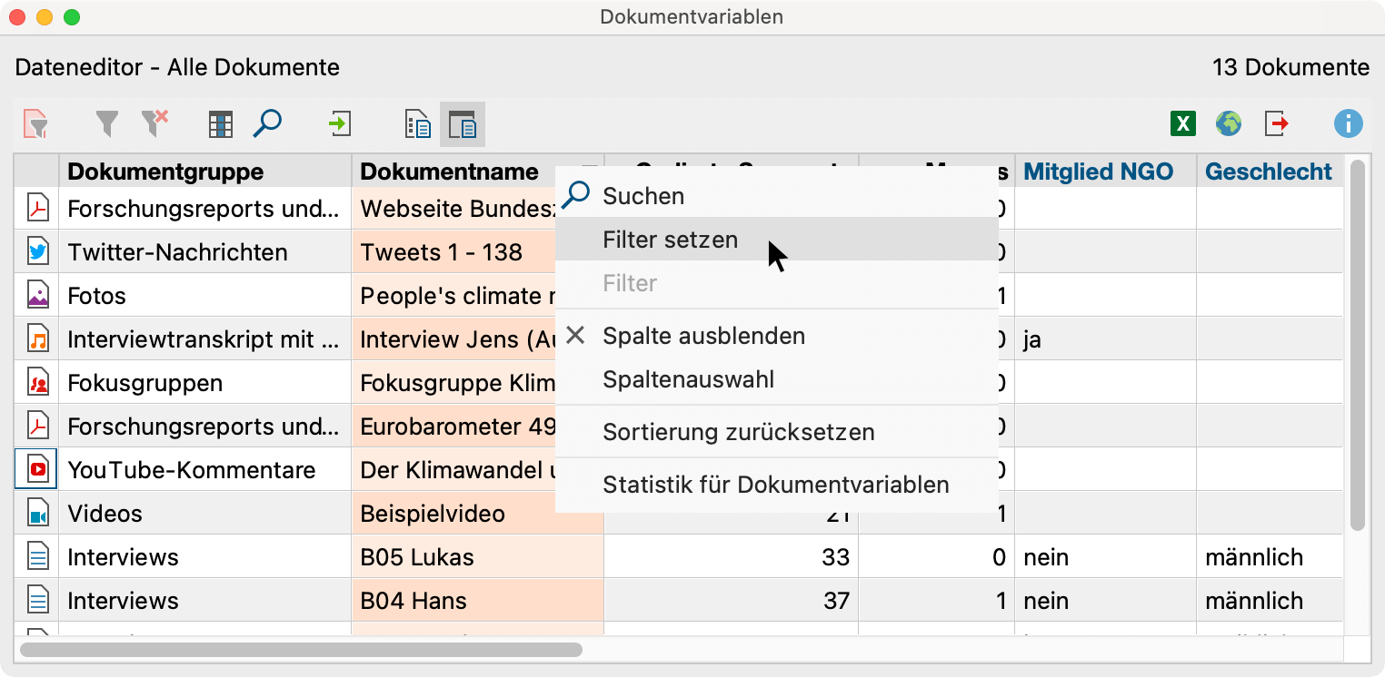 Filter für Spalte setzen Filter für Spalte setzen