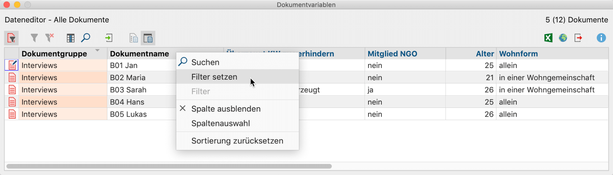 Filter für Spalte setzen Filter für Spalte setzen