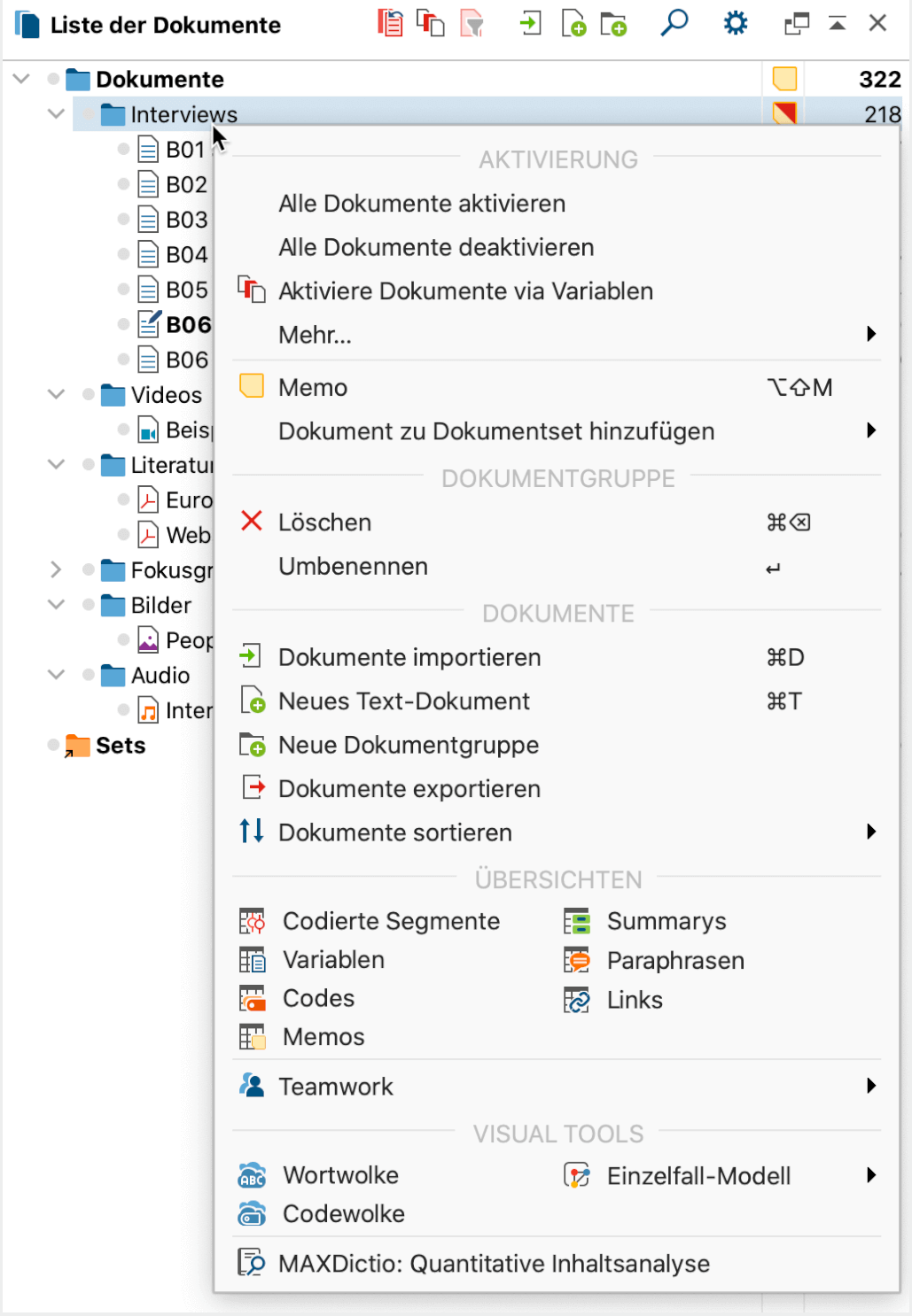 Kontextmenü der mittleren Ebene (Dokumentgruppe) im Fenster „Liste der Dokumente“ Kontextmenü der mittleren Ebene im Fenster „Liste der Dokumente“