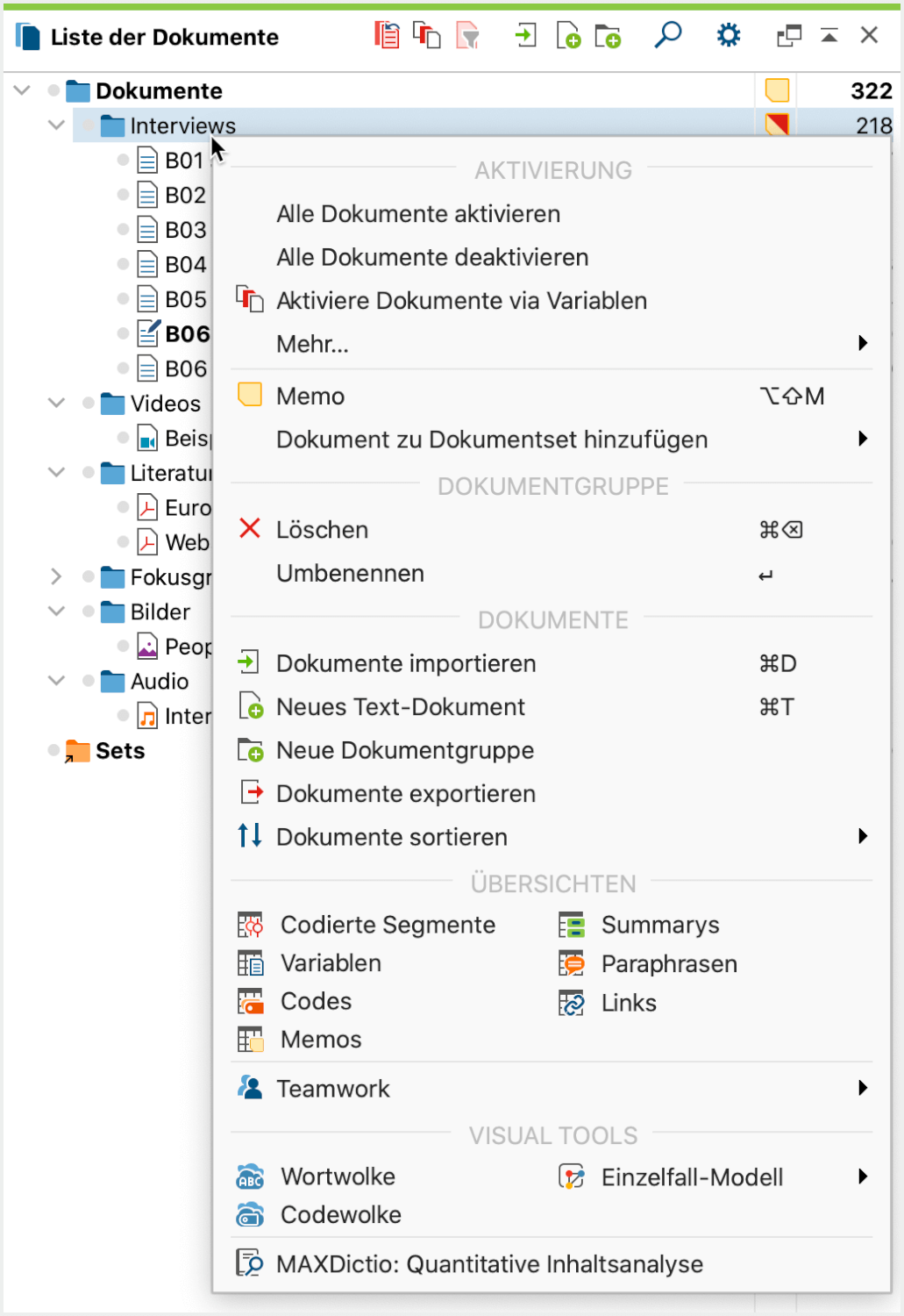 Kontextmenü der mittleren Ebene (Dokumentgruppe) im Fenster „Liste der Dokumente“ Kontextmenü der mittleren Ebene im Fenster „Liste der Dokumente“