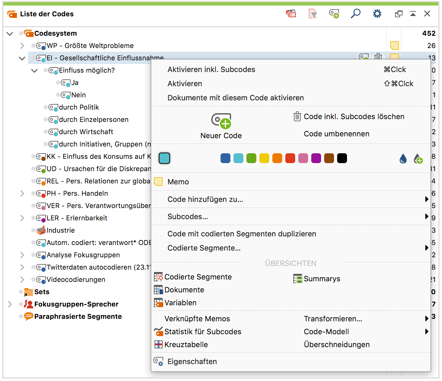 Kontextmenü auf der Ebene der Codes Kontextmenü auf der Ebene der Codes
