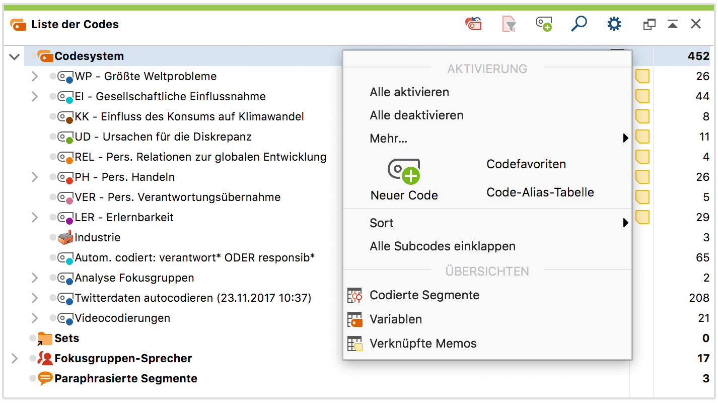 Kontextmenü der obersten Ebene im Fenster „Liste der Codes“ Kontextmenü der obersten Ebene im Fenster Liste der Codes
