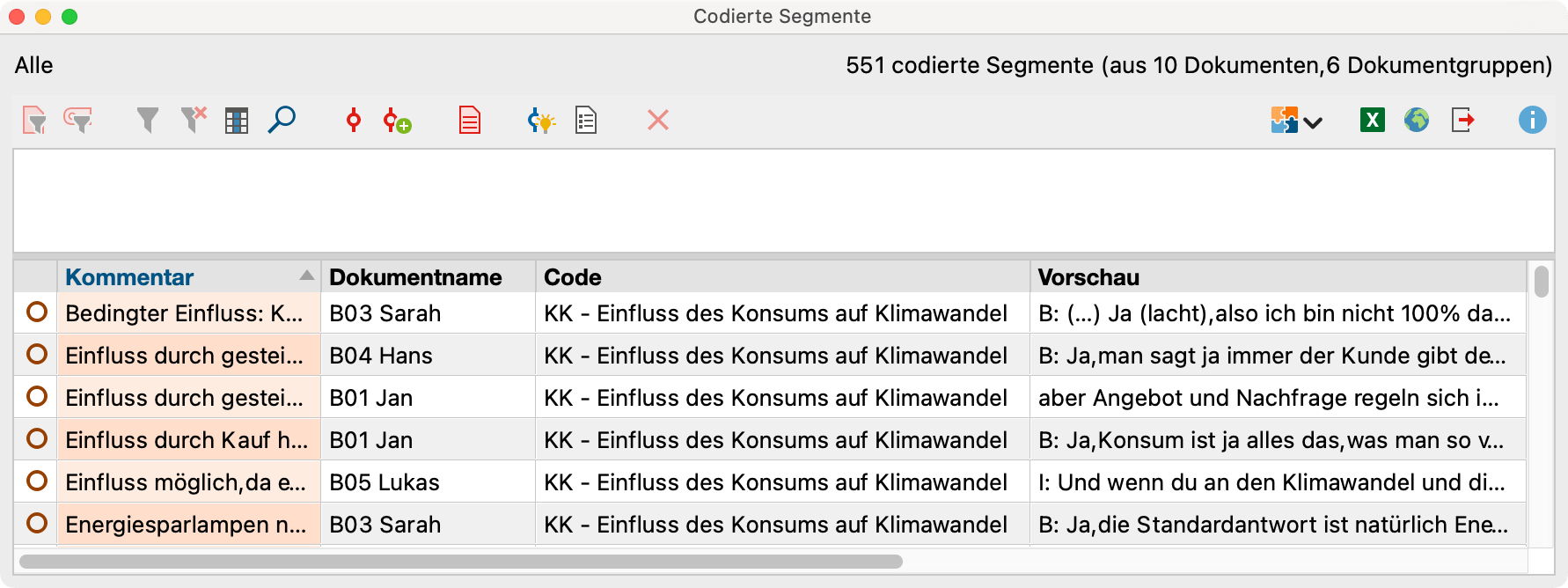 Zweigeteilte „Übersicht codierte Segmente“ Zweigeteilte „Übersicht codierte Segmente“