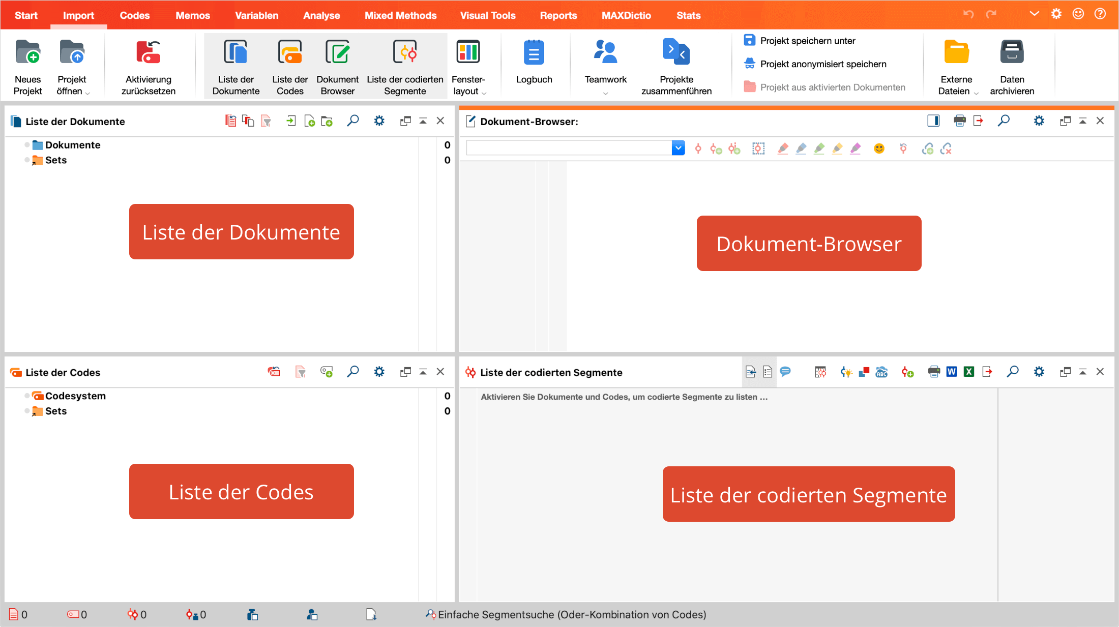 Die vier Hauptfenster von MAXQDA Die vier Hauptfenster von MAXQDA