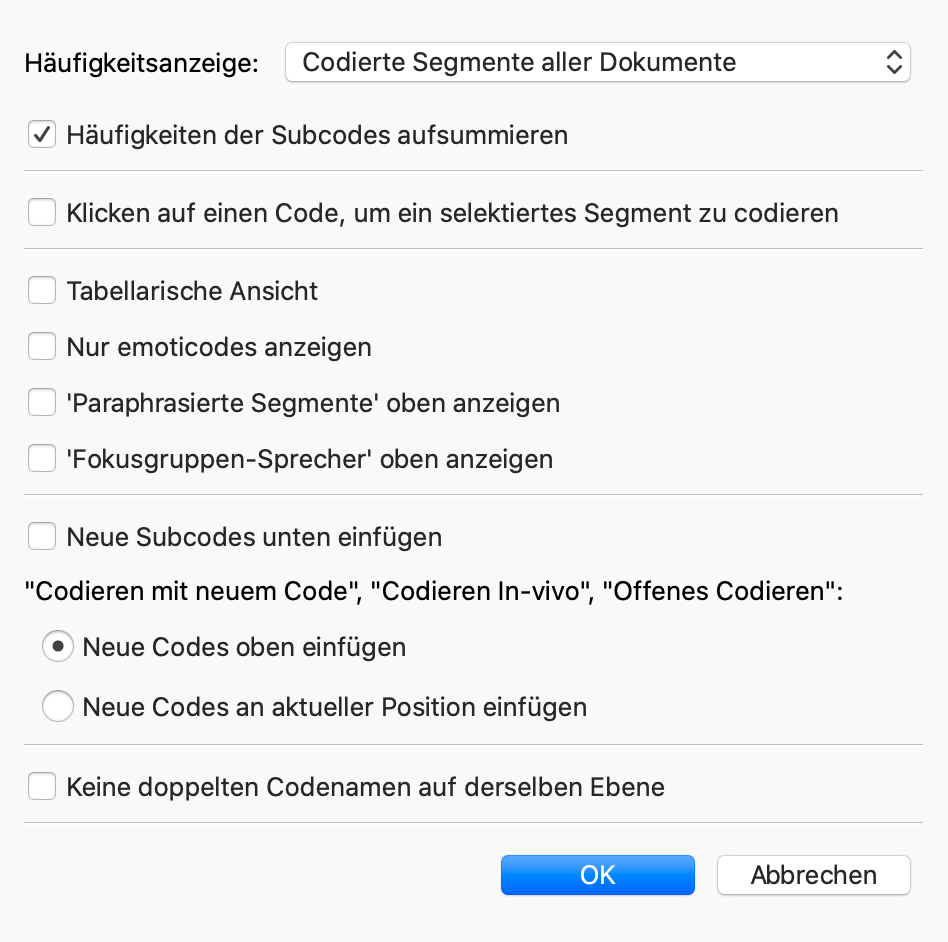 Einstellungen für das Fenster „Liste der Codes“ Einstellungen für das Fenster „Liste der Codes“