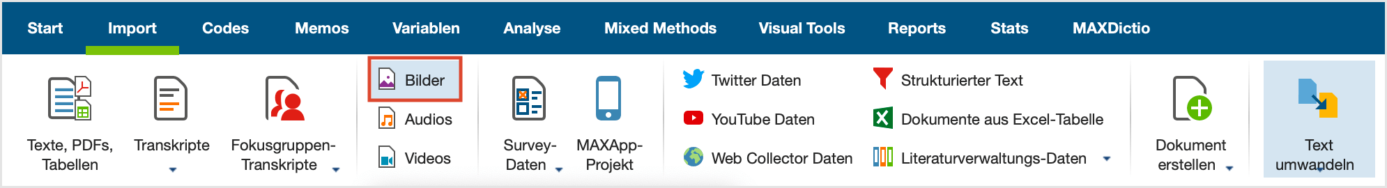 Datenimport starten über den Tab „Import“ Datenimport starten über den Tab „Import“