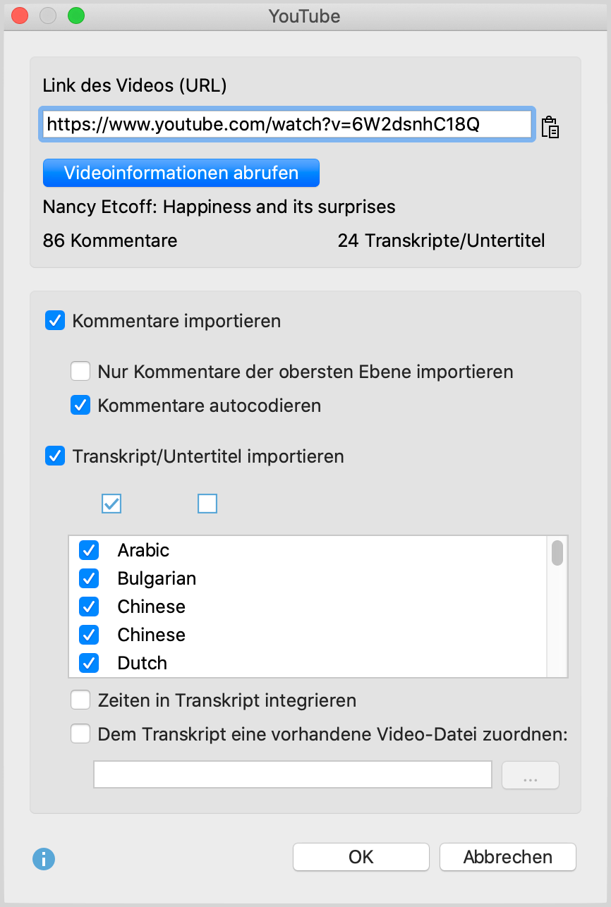 Dialog für den Import von YouTube-Daten Dialog für den Import von YouTube Daten
