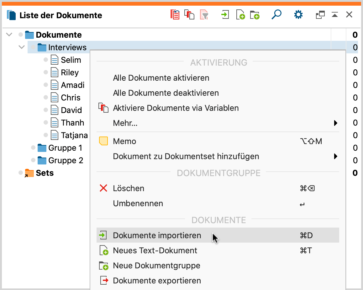 Dokumente importieren über das Kontextmenü einer Dokumentgruppe Dokumente importieren über das Kontextmenü einer Dokumentgruppe