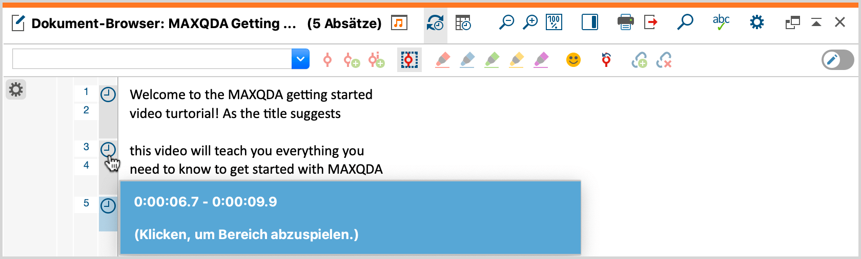 Importierte SRT-Datei im Dokument-Browser von MAXQDA