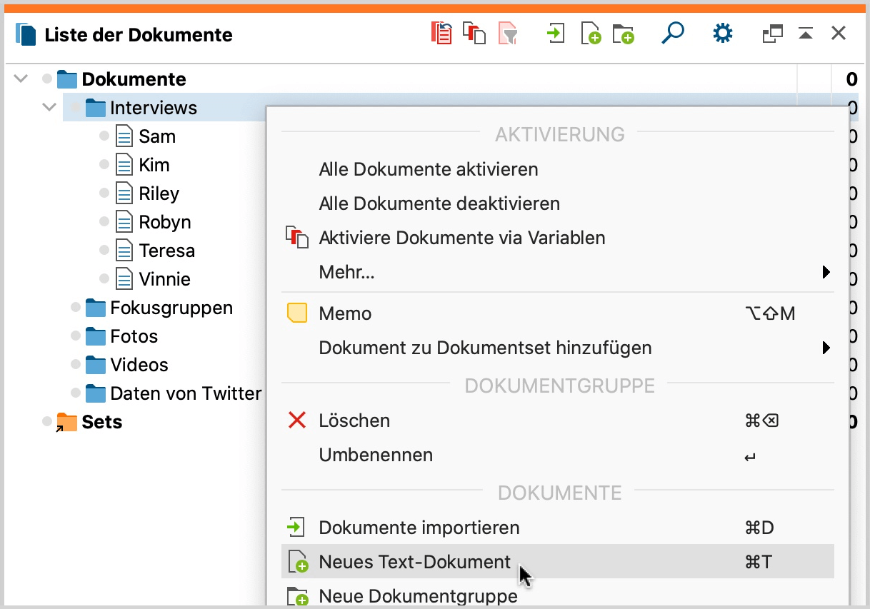 Neuen Text erstellen mit Hilfe des Kontextmenüs einer Dokumentgruppe Neuen Text erstellen mit Hilfe des Kontextmenüs einer Dokumentgruppe