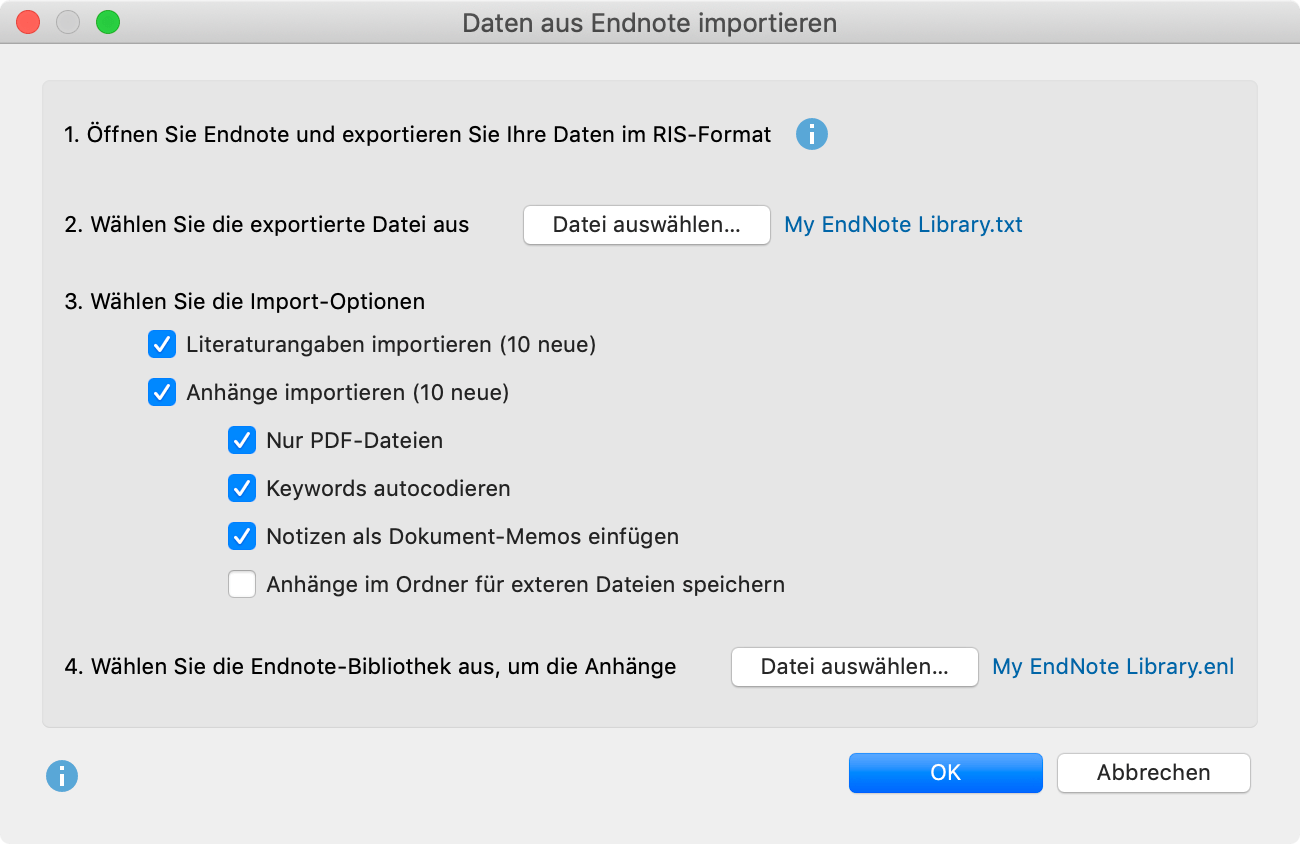 Importdialog für Daten aus Endnote (für den Import aus Mendeley und Zotero nahezu identisch) Importdialog für Daten aus Endnote (für den Import aus Mendeley und Zotero nahezu identisch)