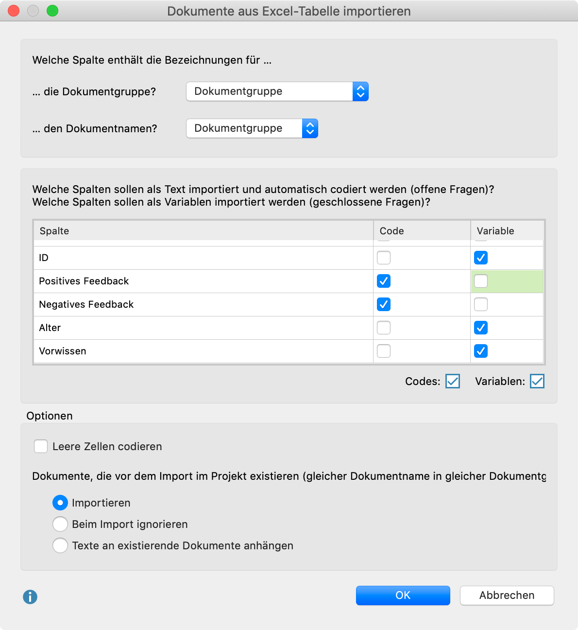 Einstellungen für den Import von Survey-Daten aus einer Excel-Tabelle Einstellungen für den Import von Survey-Daten aus einer Excel-Tabelle