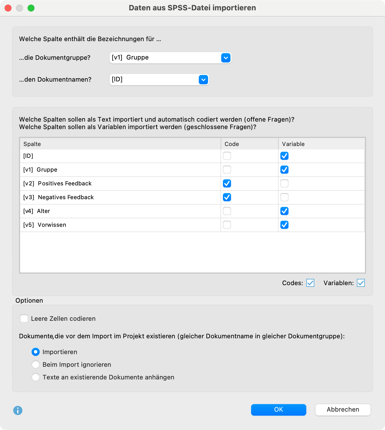 Einstellungen für den Import von Survey-Daten aus einer SPSS-Datei“ aufrufen Einstellungen für den Import von Survey-Daten aus einer SPSS-Datei