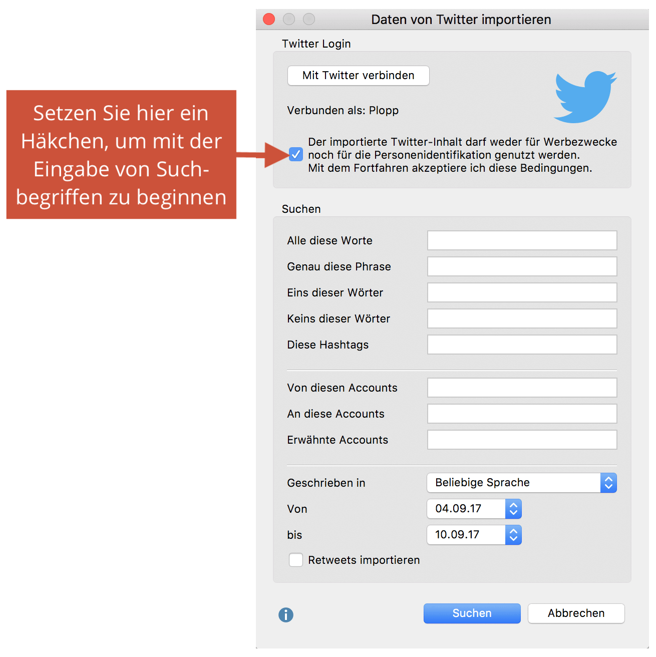 Dialog für den Twitter Import Dialog für den Twitter Import