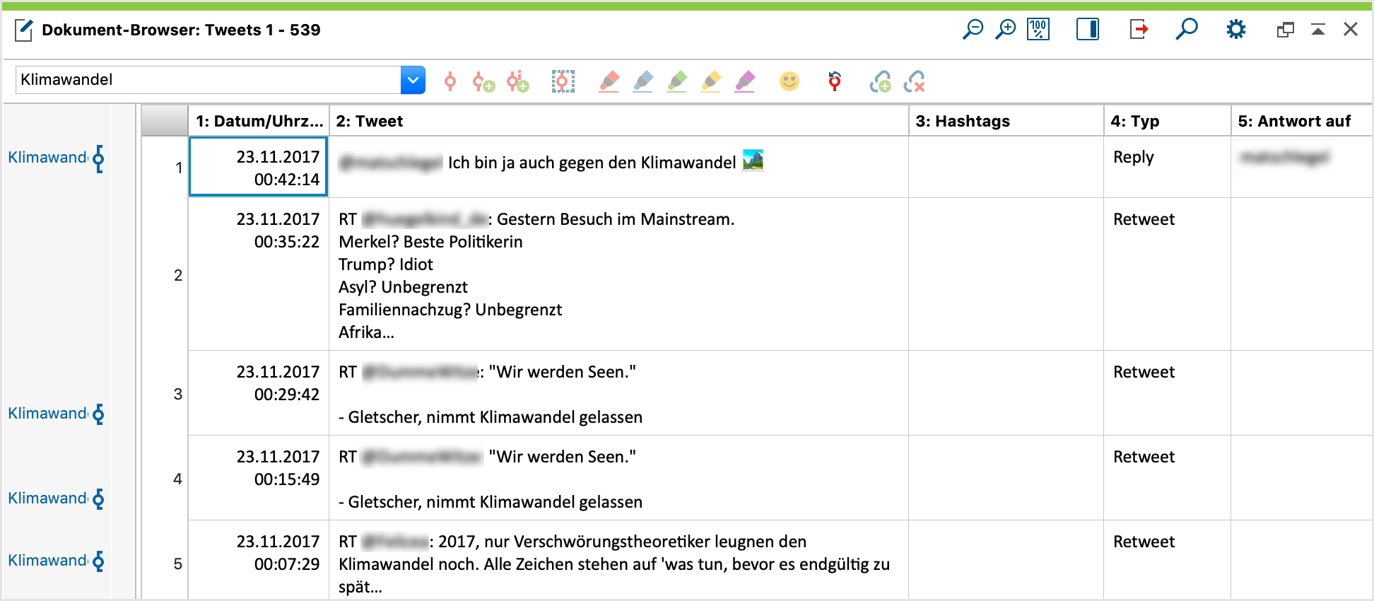 Tabellendokument mit Twitterdaten im „Dokument-Browser“ Tabellendokument mit Twitterdaten im „Dokument-Browser“