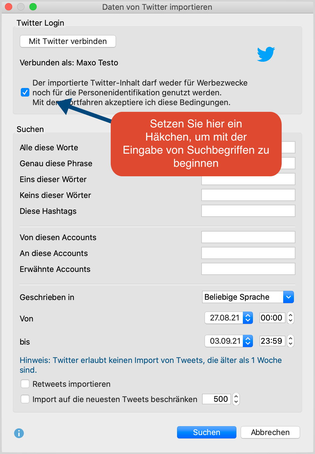 Dialog für den Twitter Import Dialog für den Twitter-Import