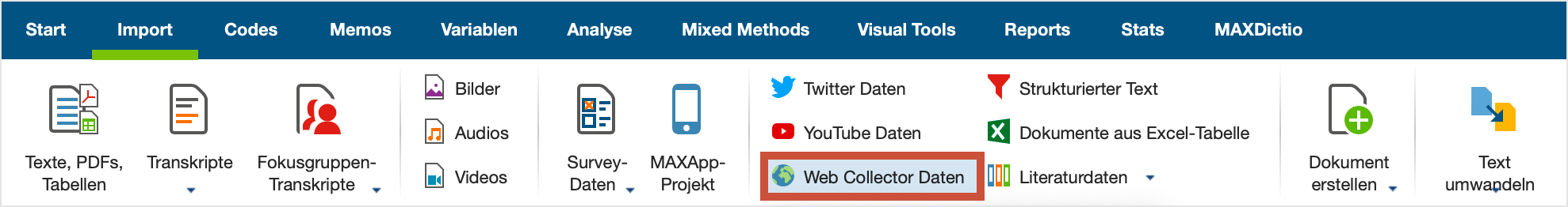 Import von Web Collector Daten auf dem Tab ‚Import‘ starten Import von Web Collector Daten auf dem Tab ‚Import‘ starten