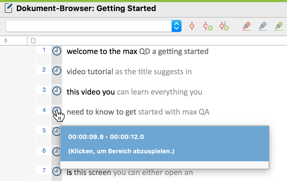 Importierte SRT-Datei im Dokument-Browser von MAXQDA Importierte SRT-Datei im Dokument-Browser von MAXQDA