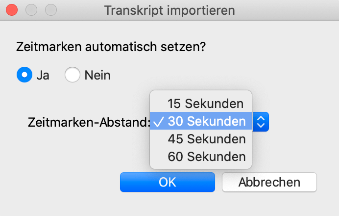 Optionen, um Zeitmarken im Transkript automatisch zu setzen Optionen, um Zeitmarken im Transkript automatisch zu setzen