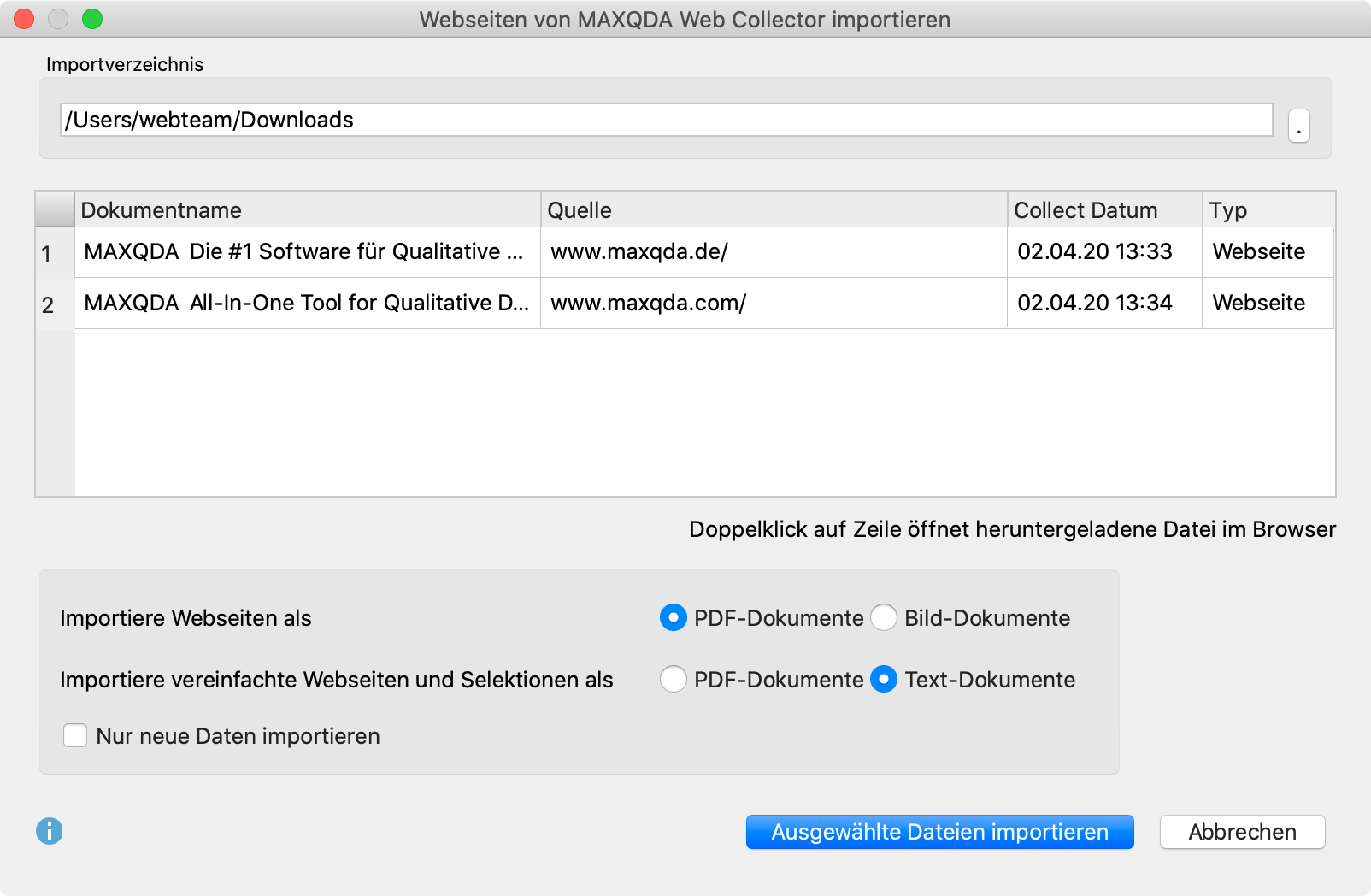 Dialog für den Import von Dokumenten, die mit dem Web Collector gespeichert wurden Dialog für den Import von Dokumenten, die mit dem Web Collector gespeichert wurden