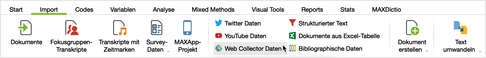 Import von Web Collector Daten auf dem Tab ‚Import‘ starten Import von Web Collector Daten auf dem Tab ‚Import‘ starten