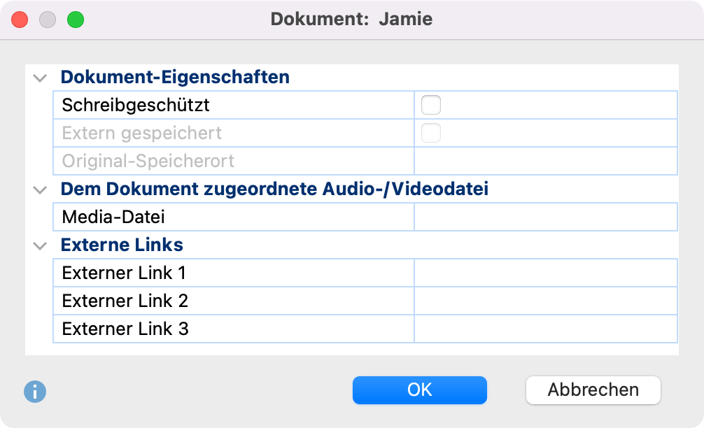 Eigenschaftsfenster für Dokumente Eigenschaftsfenster für Dokumente