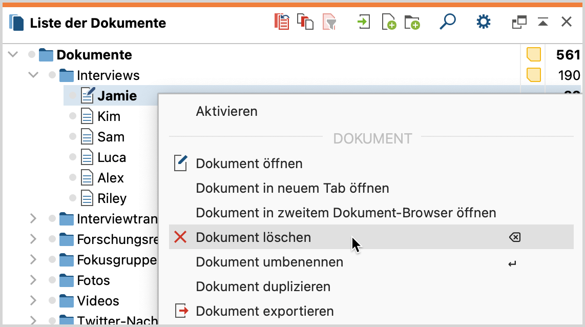 Kontextmenü für ein Dokument Kontextmenü für ein Dokument