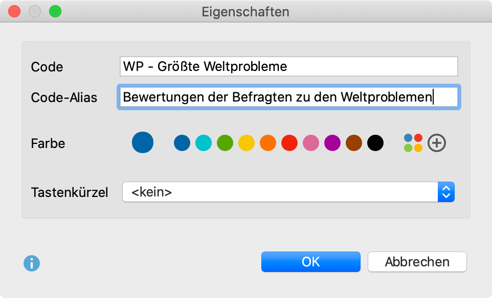 Code-Alias für Code im Fenster „Code-Eigenschaften“ vergeben Code-Alias für Code im Fenster „Code-Eigenschaften“ vergeben