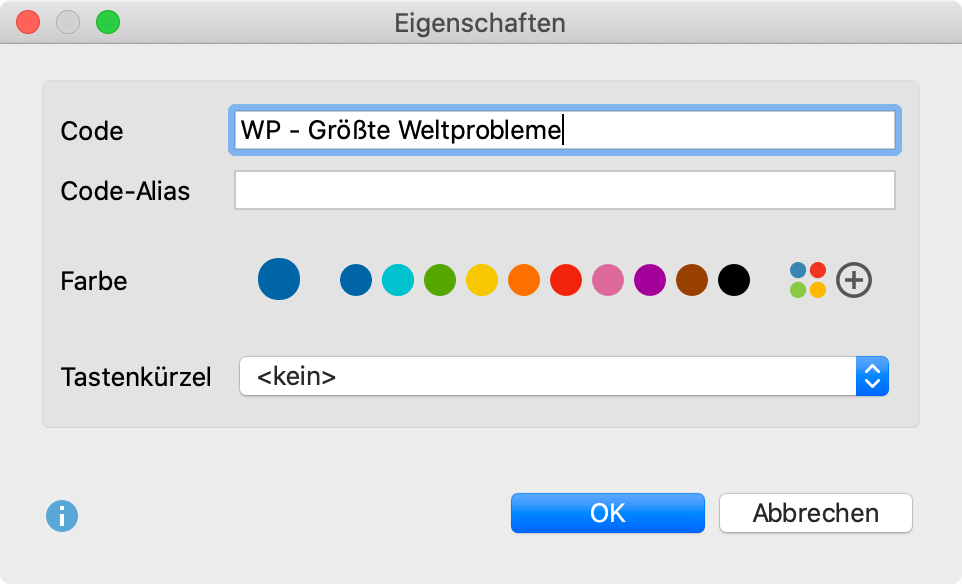 Eigenschaftsfenster für einen Code Eigenschaftsfenster für einen Code