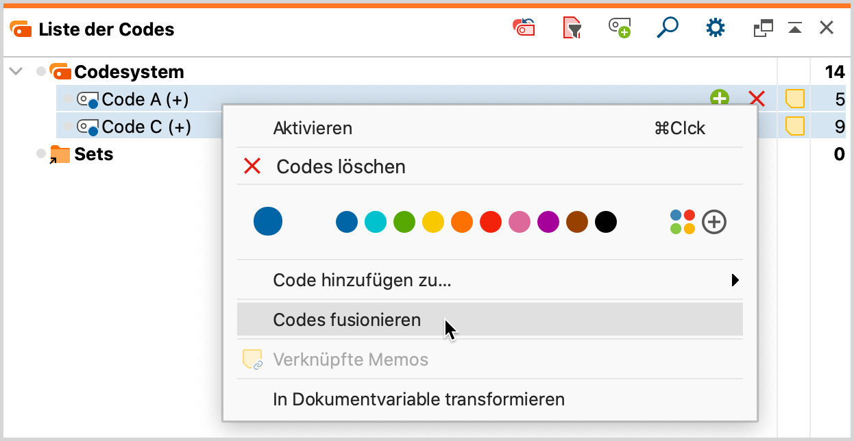 Mehrere Codes per Kontextmenü fusionieren Mehrere Codes per Kontextmenü fusionieren
