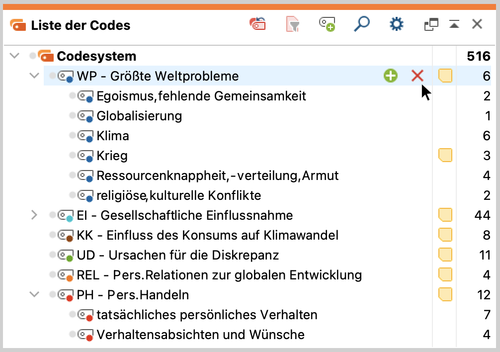 Code löschen mithilfe des Löschensymbols in der „Liste der Codes“ Code löschen mithilfe des Löschensymbols in der „Liste der Codes“