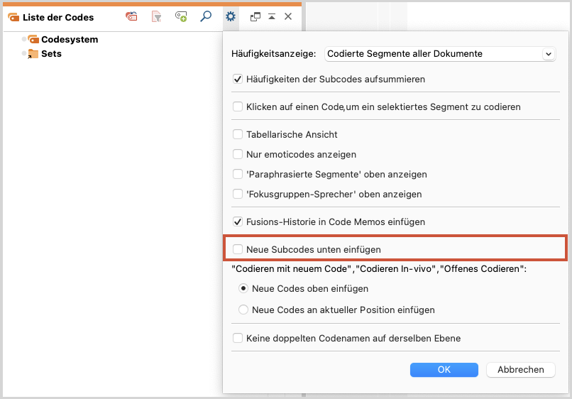 Einstellungen für das Fenster „Liste der Codes“ Einstellungen für das Fenster „Liste der Codes“