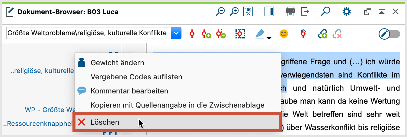 Rechtsklick auf Codierstreifen oder Codename um Codierung im Fenster „Dokument-Browser“ zu löschen“ Codierung löschen im Fenster „Dokument-Browser“
