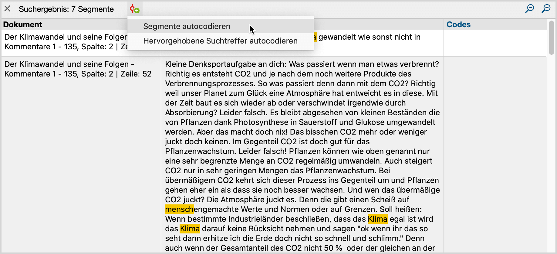 Auflistung der Suchtreffer und Starten der Autocodierung Auflistung der Suchtreffer und Starten der Autocodierung