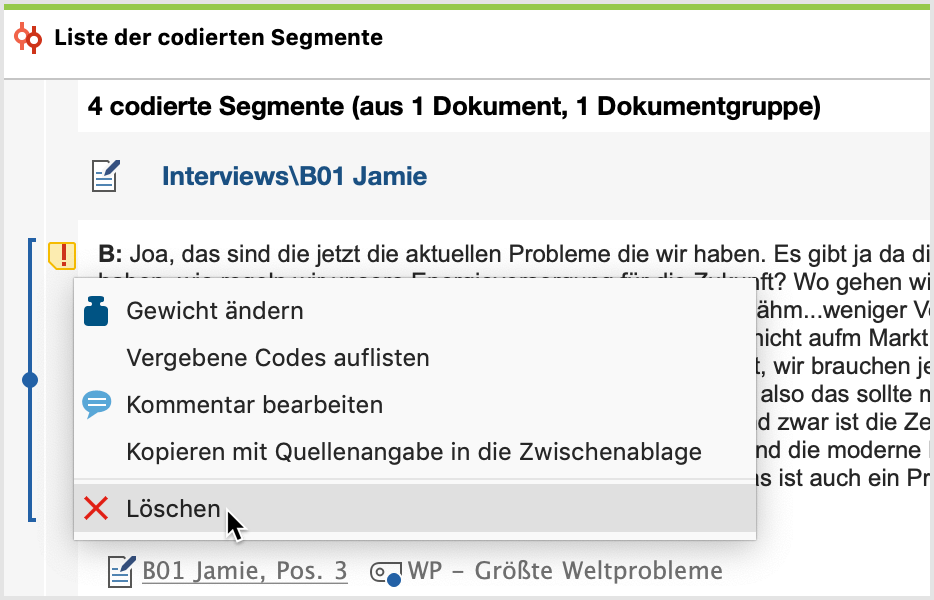 Codierung löschen im Fenster „Liste der codierten Segmente“ Codierung löschen im Fenster „Liste der codierten Segmente“