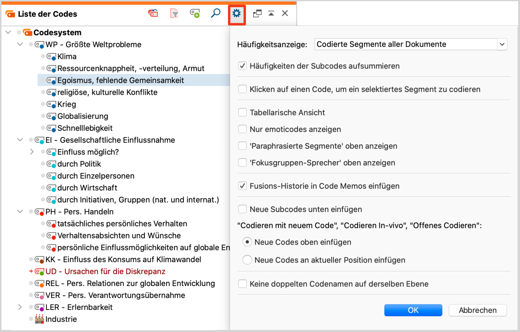 Einstellungen für die „Liste der Codes“ Einstellungen für die „Liste der Codes“