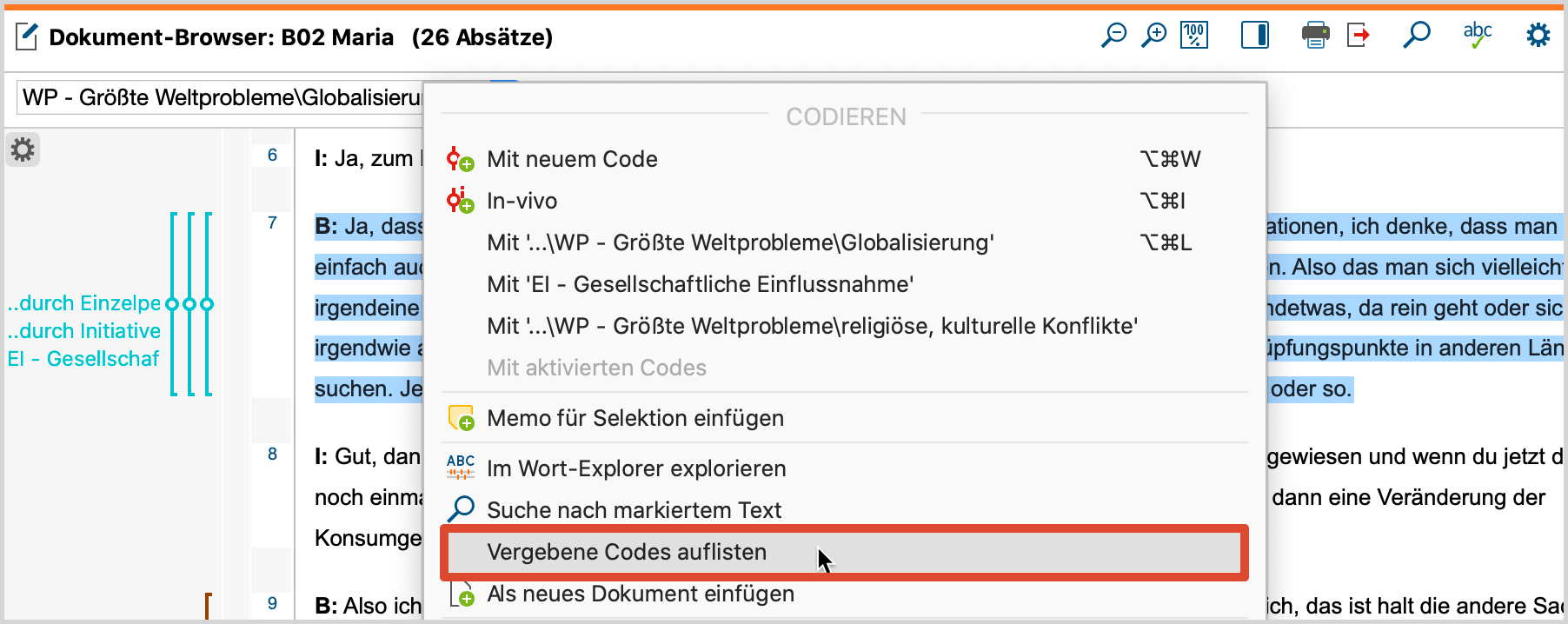 Funktion „Vergebene Codes auflisten“ im Kontextmenü eines markierten Textes Funktion „Vergebene Codes auflisten“ im Kontextmenü eines markierten Textes