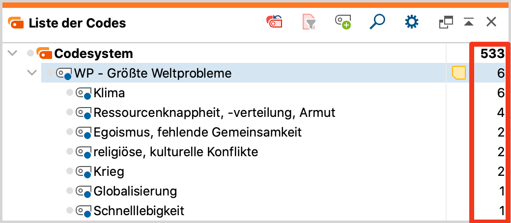 Information über die Anzahl codierter Segmente in der „Liste der Codes“ Information über die Anzahl codierter Segmente in der „Liste der Codes“