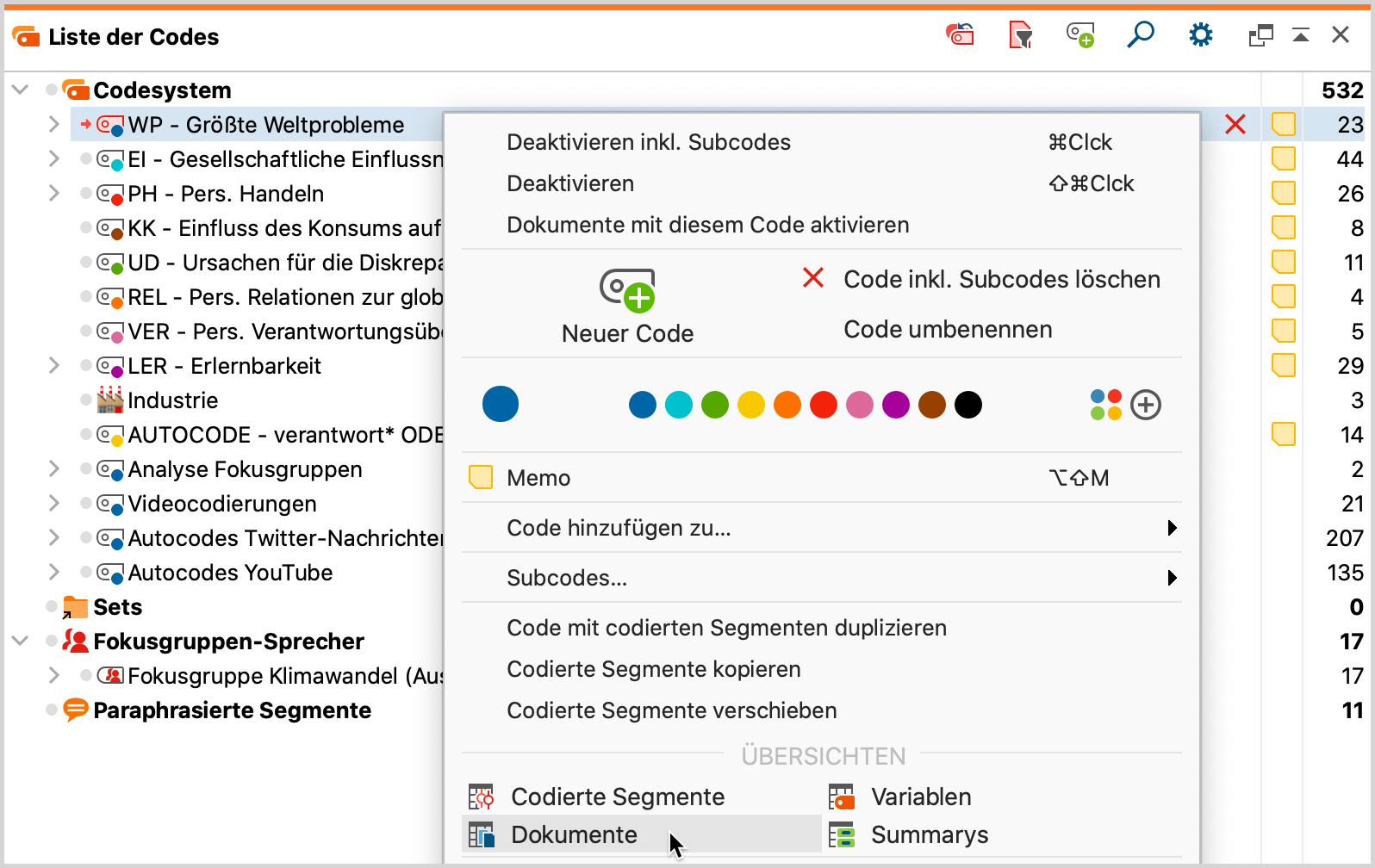 Die „Übersicht Dokumente“ im Kontextmenü der „Liste der Codes“ aufrufen Die „Übersicht Dokumente“ im Kontextmenü der „Liste der Codes“ aufrufen