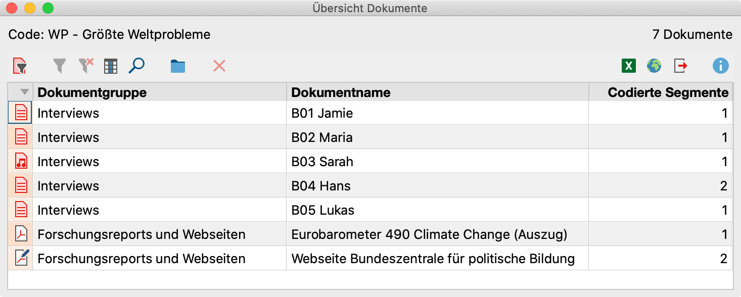 „Übersicht Dokumente“ für einen Code „Übersicht Dokumente“ für einen Code