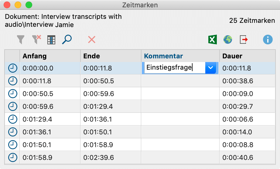 Die „Übersicht Zeitmarken“ listet alle Zeitmarken eines Transkripts Die Übersicht Zeitmarken listet alle Zeitmarken eines Transkripts