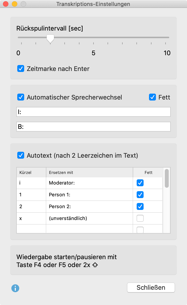Transkriptions-Einstellungen Transkriptions-Einstellungen für automatischer Sprecherwechsel und Autotext