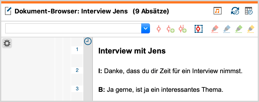 Zeitmarkenspalte links neben dem Transkript im „Dokument-Browser“ Zeitmarkenspalte links neben dem Transkript im „Dokument-Browser“