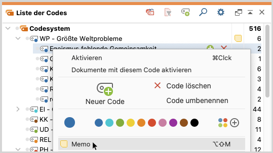 Per Kontextmenü ein Memo zu einem Code erstellen Per Kontextmenü ein Memo zu einem Code erstellen