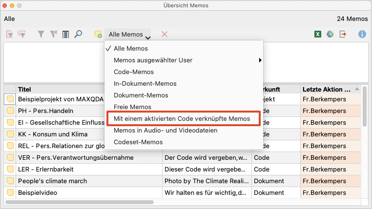 Memos aktivierter Codes in der „Übersicht Memos“ anzeigen Memos aktivierter Codes in der „Übersicht Memos“ anzeigen