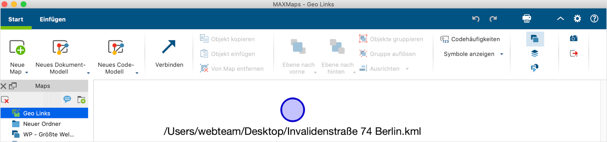 Ein neu eingefügter Geo-Link in MAXMaps
