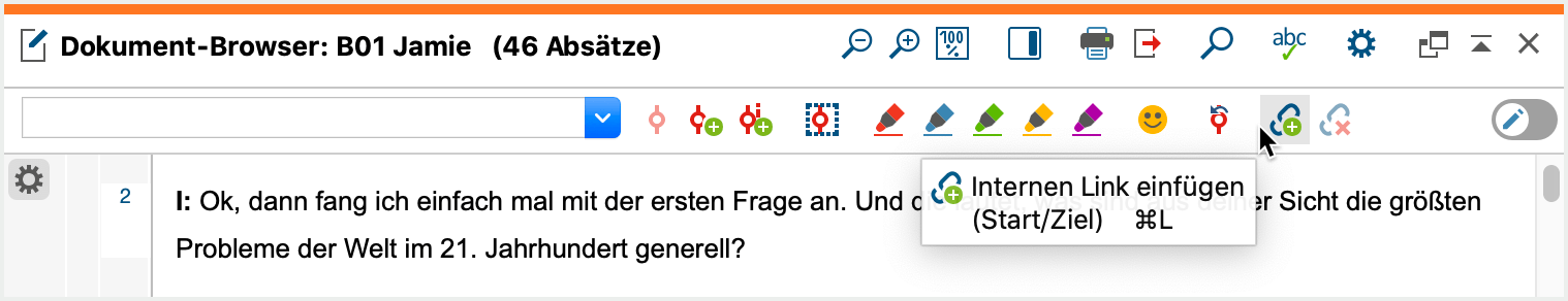 Internen Link setzen per Symbol in der Codierleiste des „Dokument-Browsers“ Internen Link setzen per Symbol in der Codierleiste des „Dokument-Browsers“
