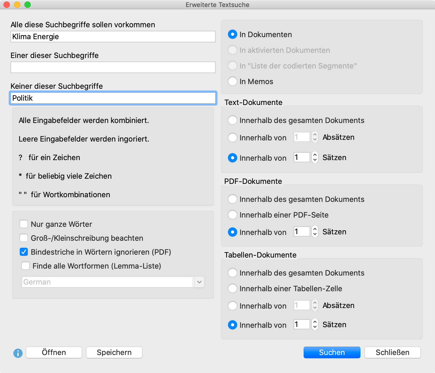Dialog für die erweiterte Textsuche Dialog für die erweiterte Textsuche